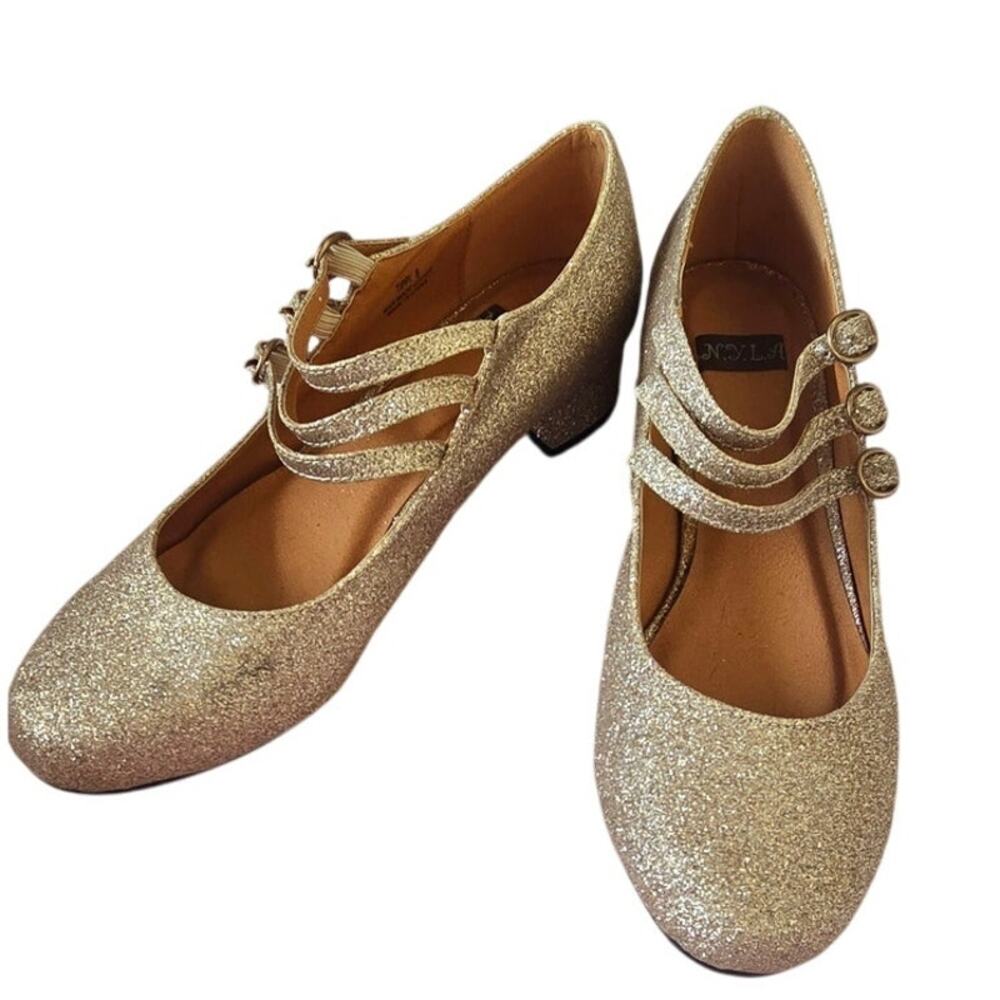 Gold Glitter Ballet triple strap round toe flats kitten heel